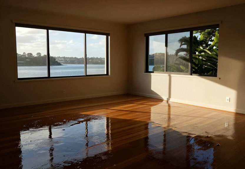 Flood-damaged living room in Lindfield before restoration